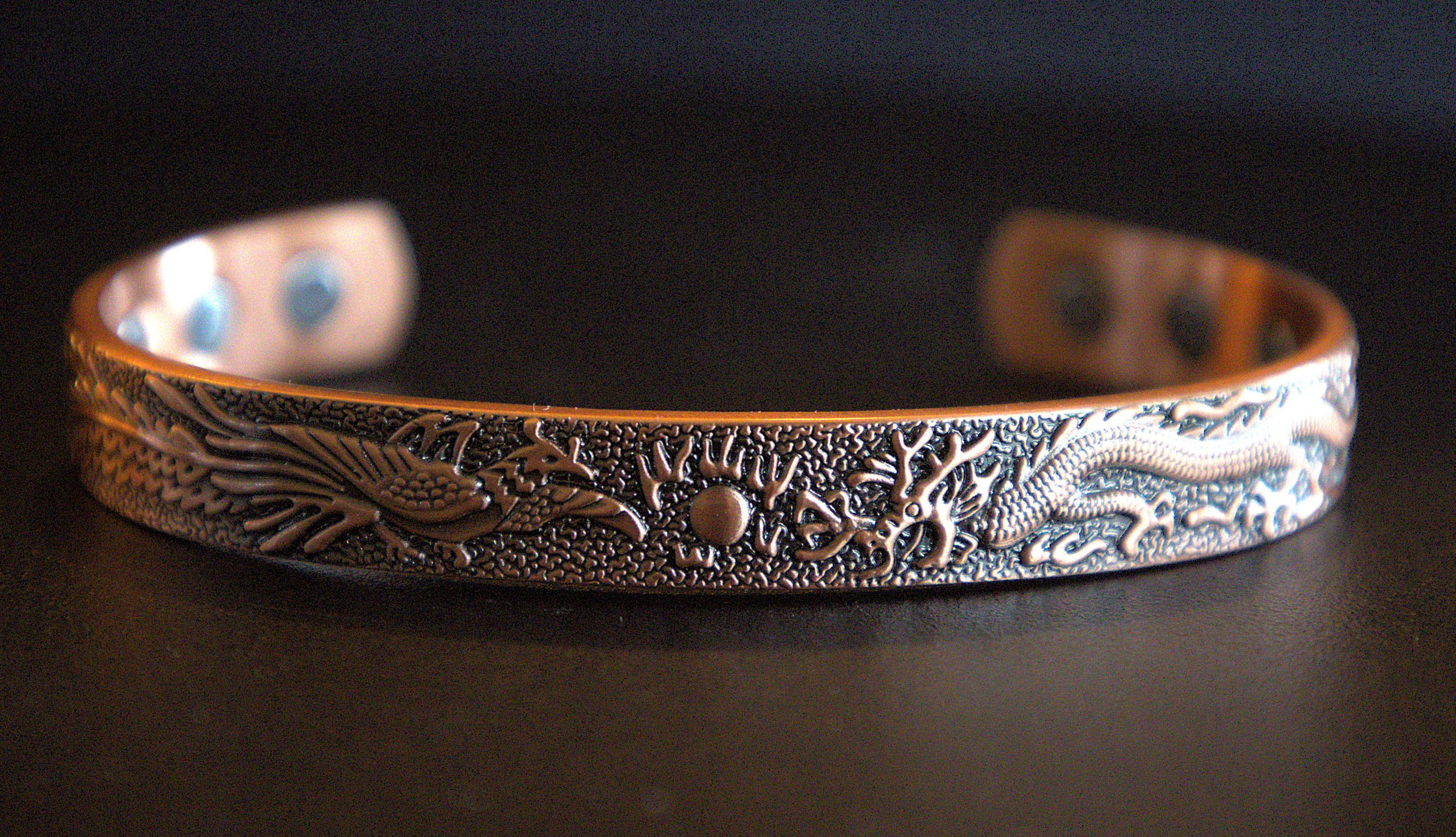 Handcrafted Magnetic Copper Bracelet, Phoenix Dragon Engraving, Antique Cuff, Feng Shui Jewelry