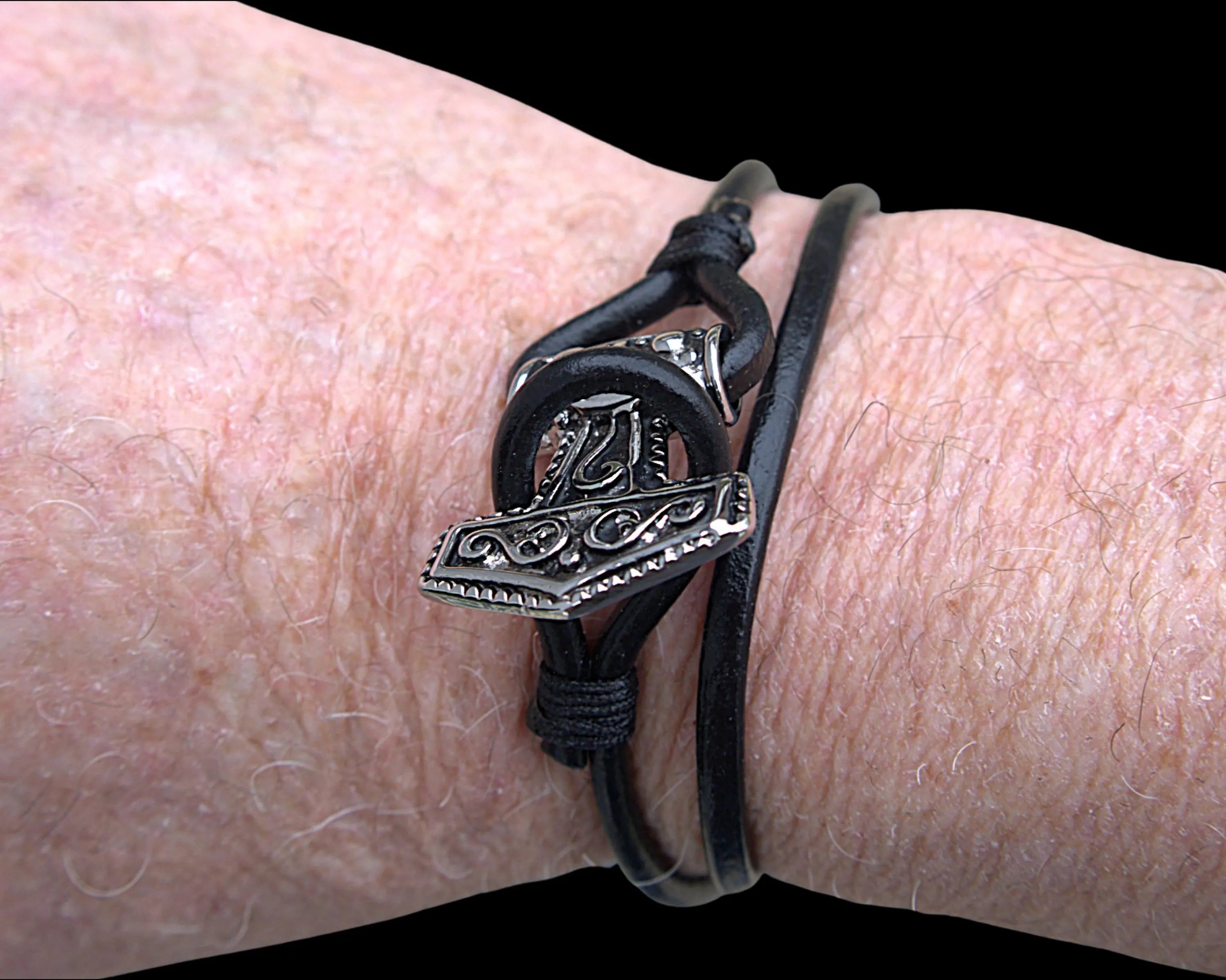 Black Leather Viking Hammer Mjolnir Bracelet, Norse Mythology Wrap Jewelry