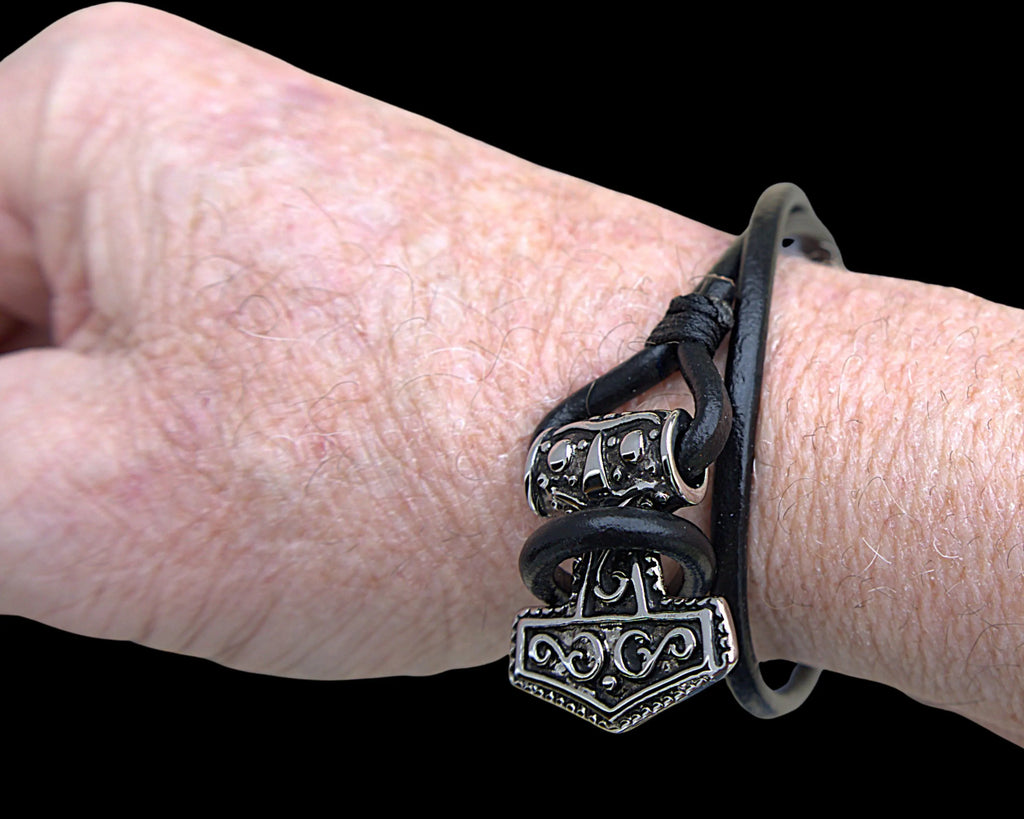 Black Leather Viking Hammer Mjolnir Bracelet, Norse Mythology Wrap Jewelry