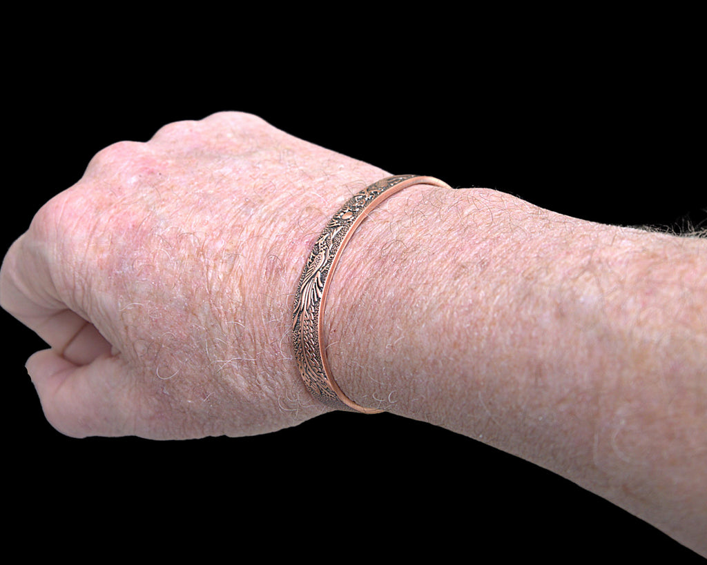 Handcrafted Magnetic Copper Bracelet, Phoenix Dragon Engraving, Antique Cuff, Feng Shui Jewelry