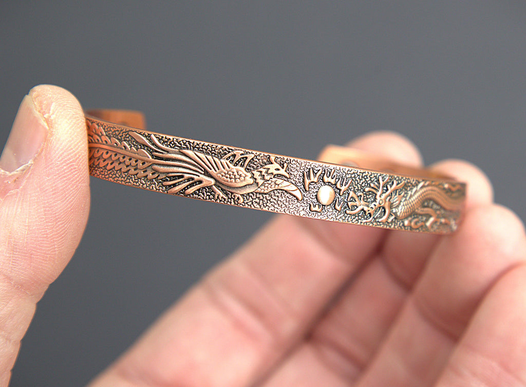 Handcrafted Magnetic Copper Bracelet, Phoenix Dragon Engraving, Antique Cuff, Feng Shui Jewelry