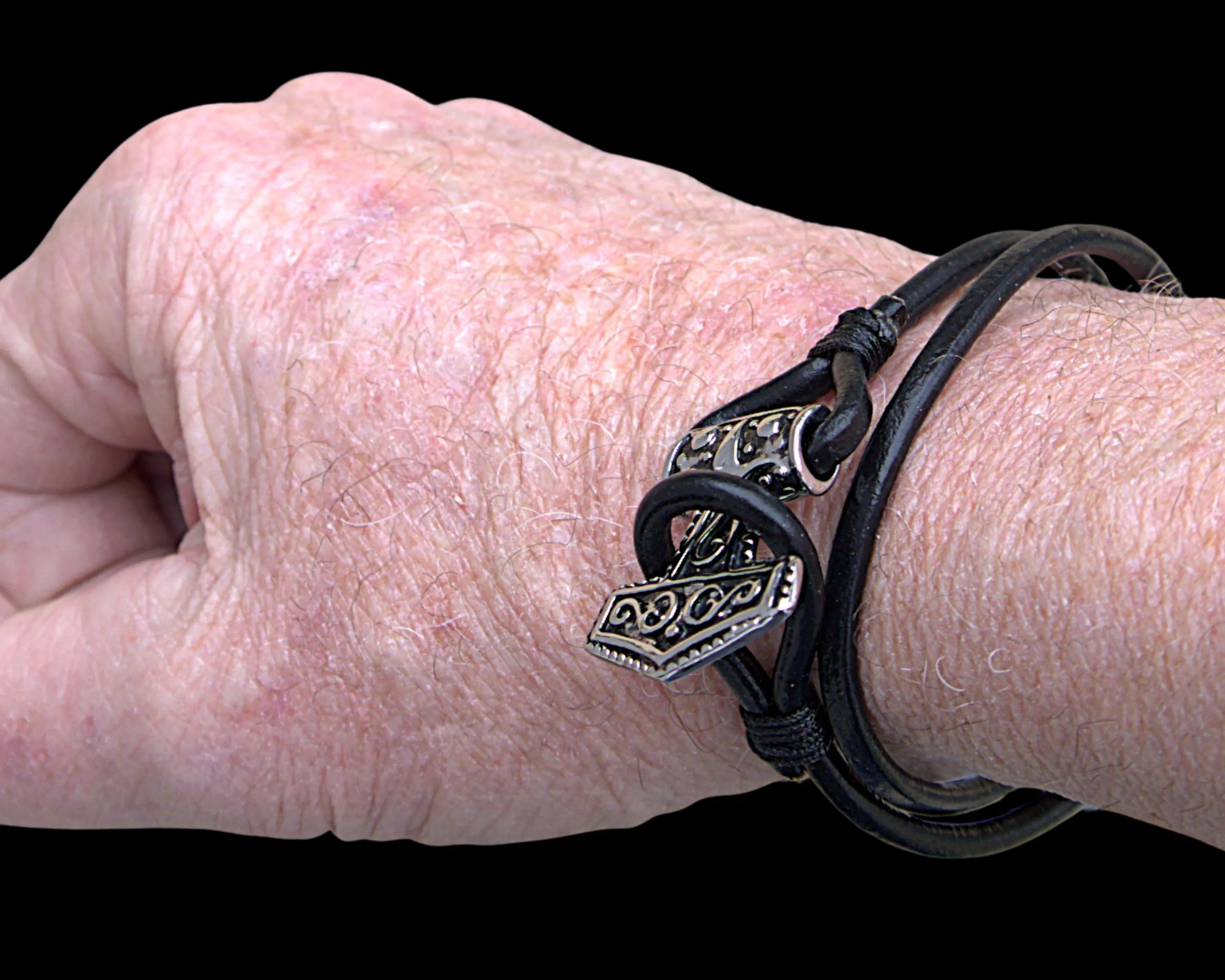 Black Leather Viking Hammer Mjolnir Bracelet, Norse Mythology Wrap Jewelry