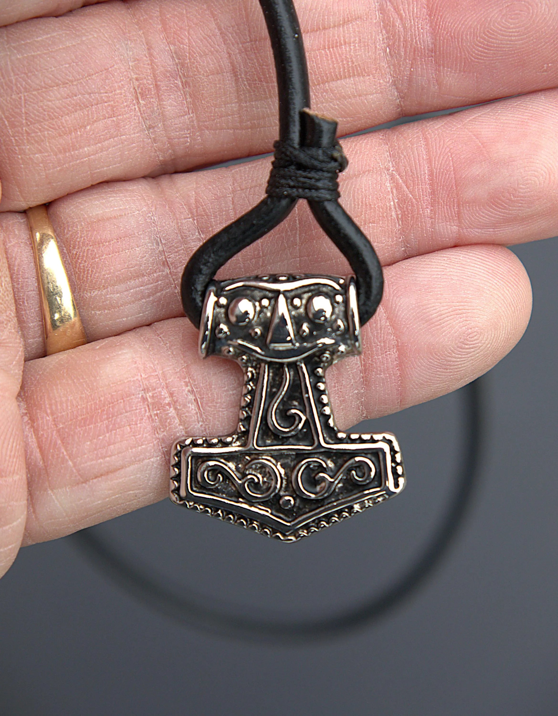 Black Leather Viking Hammer Mjolnir Bracelet, Norse Mythology Wrap Jewelry