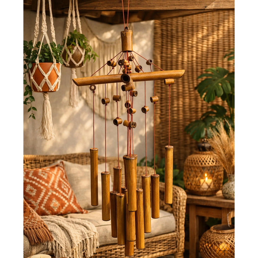 Handcrafted Bamboo Wind Chime | Crisscross Natural Outdoor Decor, Soothing Tones