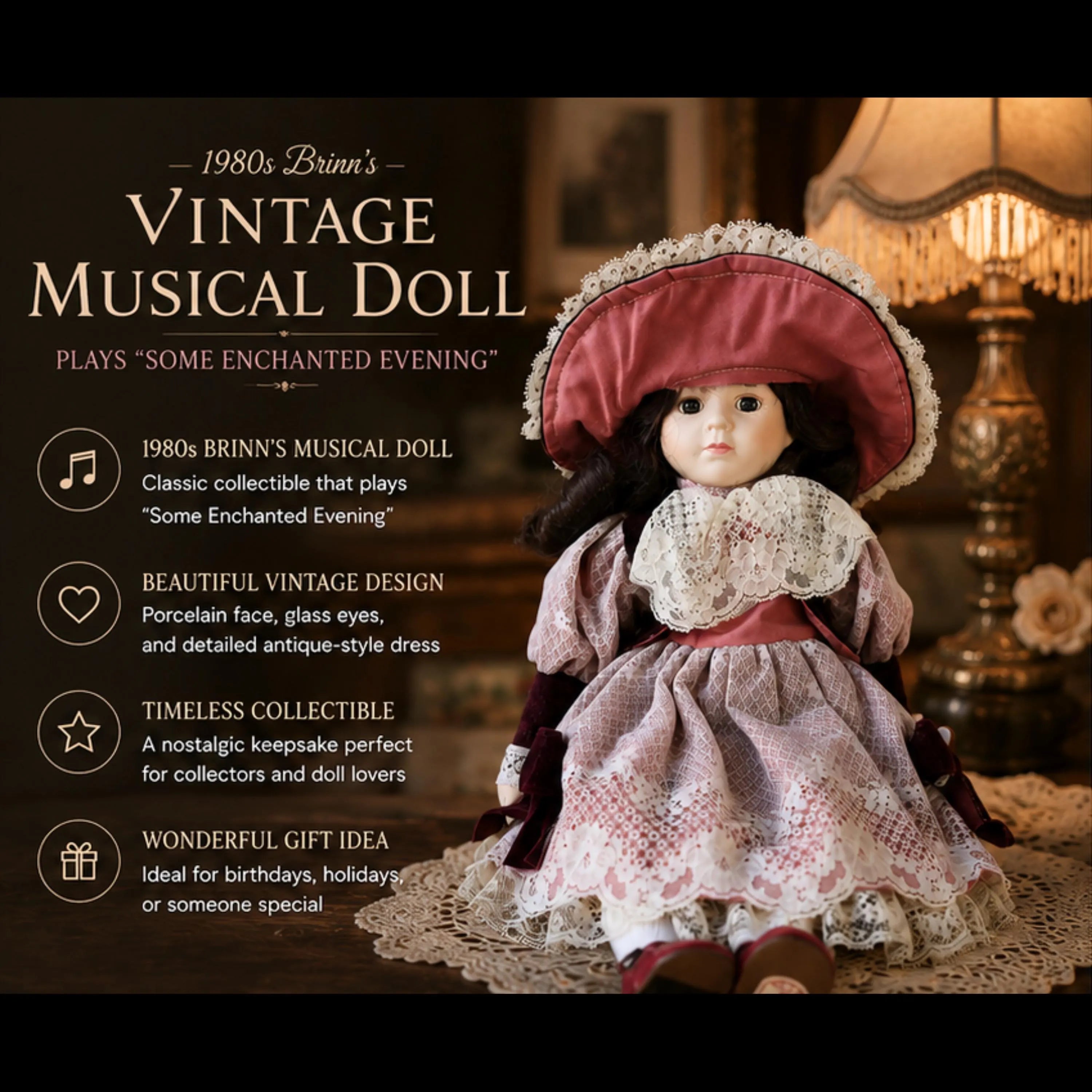 Vintage 1980s Brinn's Musical Porcelain Doll Plays "Some Enchanted Evening" | Collectible Music Box Heirloom Doll