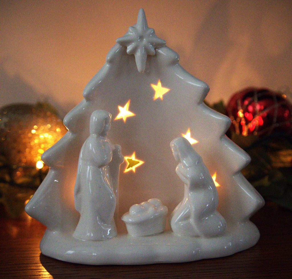 Ceramic Nativity Tea Light Holder: Holy Family Christmas Decor