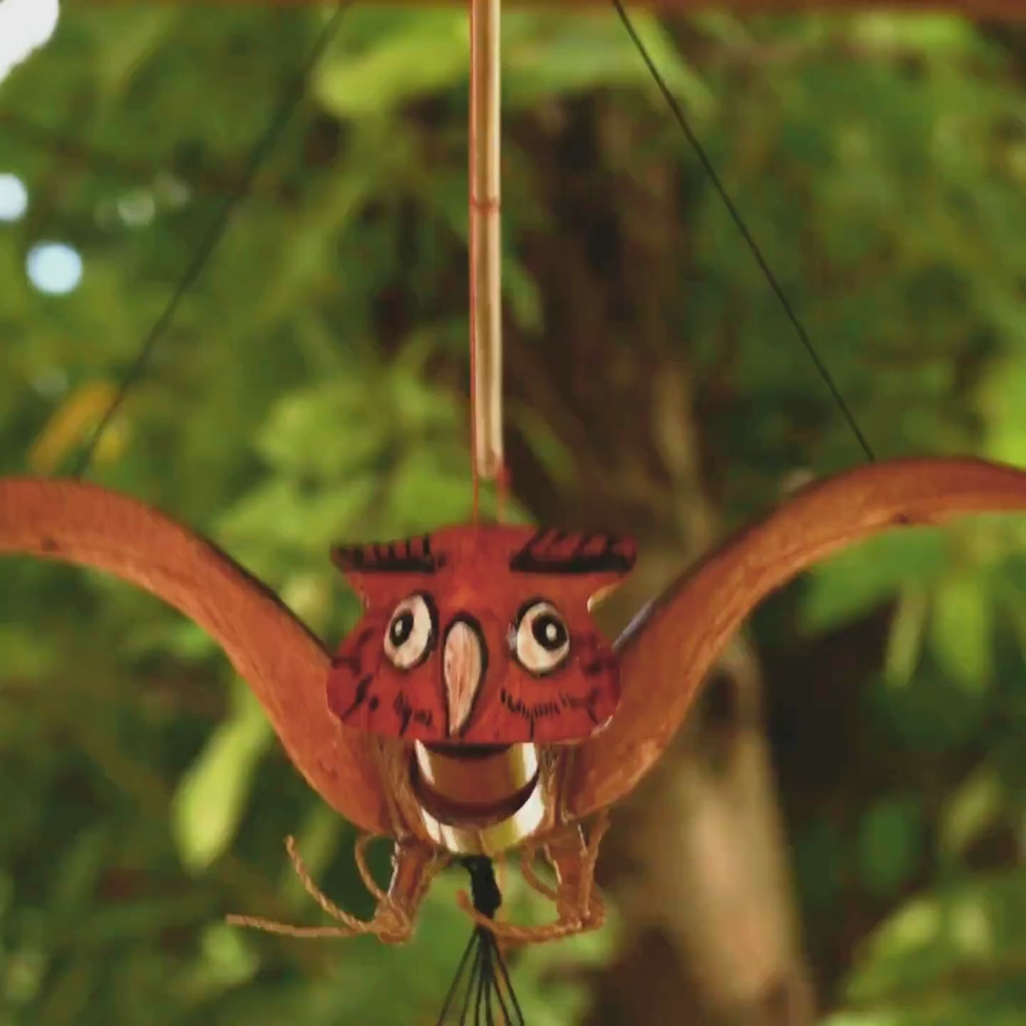 Handcrafted Animated Owl Bamboo Wind Chime | Rustic Outdoor Garden Decor