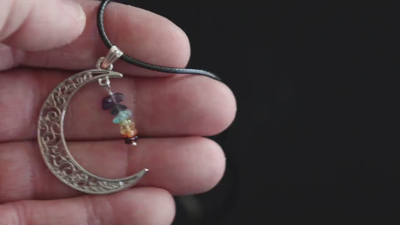 Chakra Moon Pendant Necklace – Crystal Healing Jewelry, 7 Chakra Gemstone Necklace, Crescent Moon Spiritual Necklace for Energy Balance