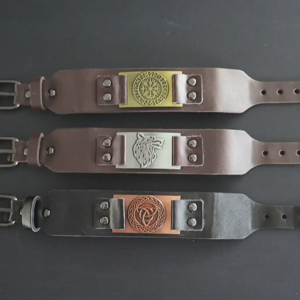 Handcrafted Engraved Vegan Leather Viking Bracelet – Vegvisir, Celtic Knot, Wolf