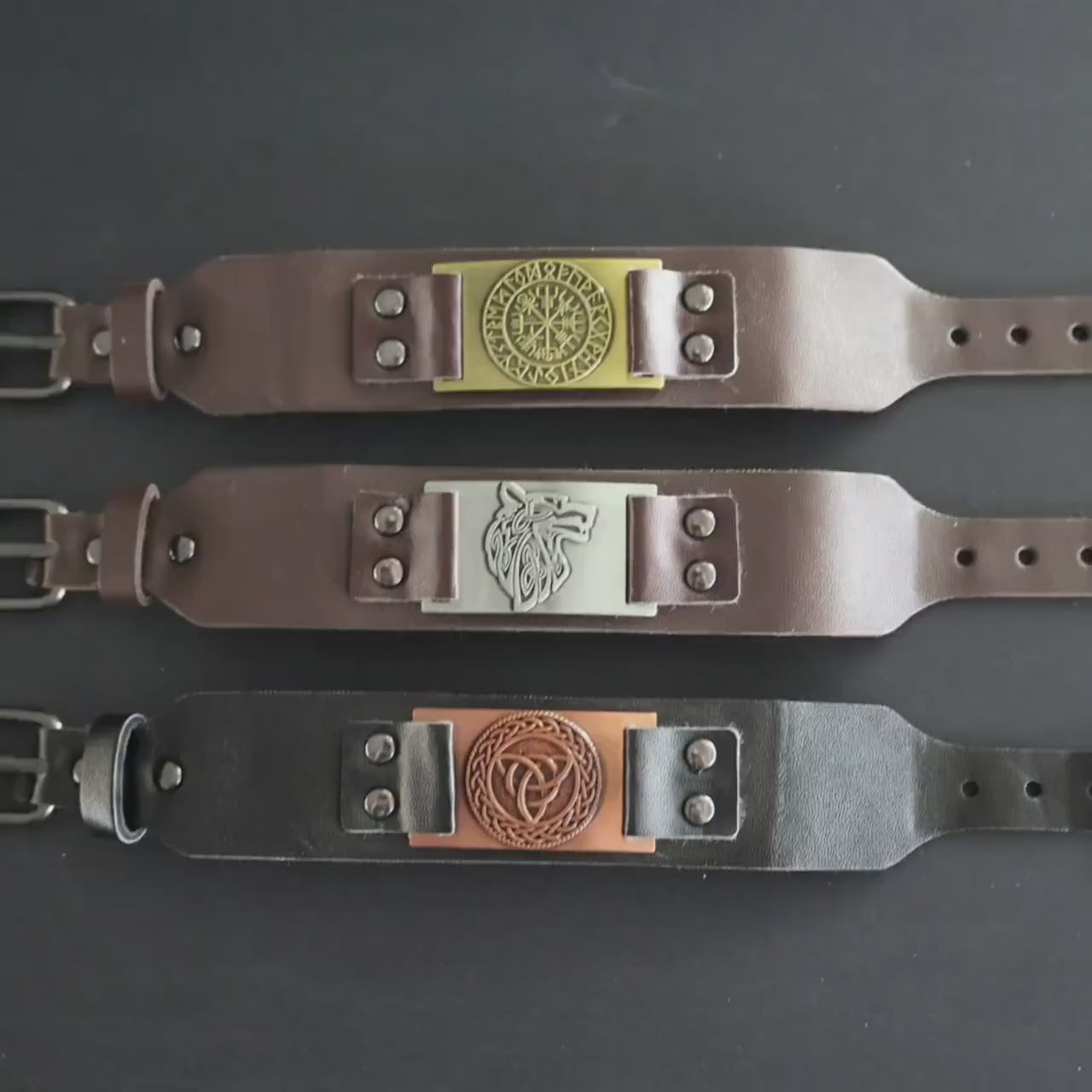 Handcrafted Engraved Vegan Leather Viking Bracelet – Vegvisir, Celtic Knot, Wolf