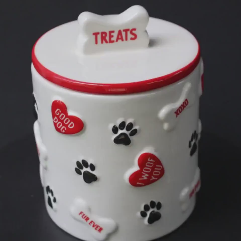 Vintage Ceramic Dog Treat Jar | Paw Prints, Hearts, Bones, Farmhouse Pet Storage