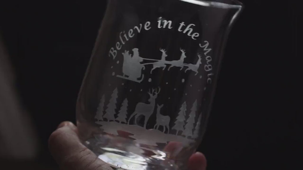 Handmade Frosted Glass Christmas Vase: Etched Santa and Reindeer