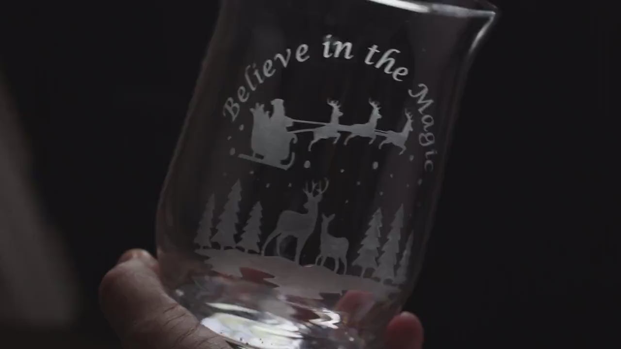 Handmade Frosted Glass Christmas Vase: Etched Santa and Reindeer