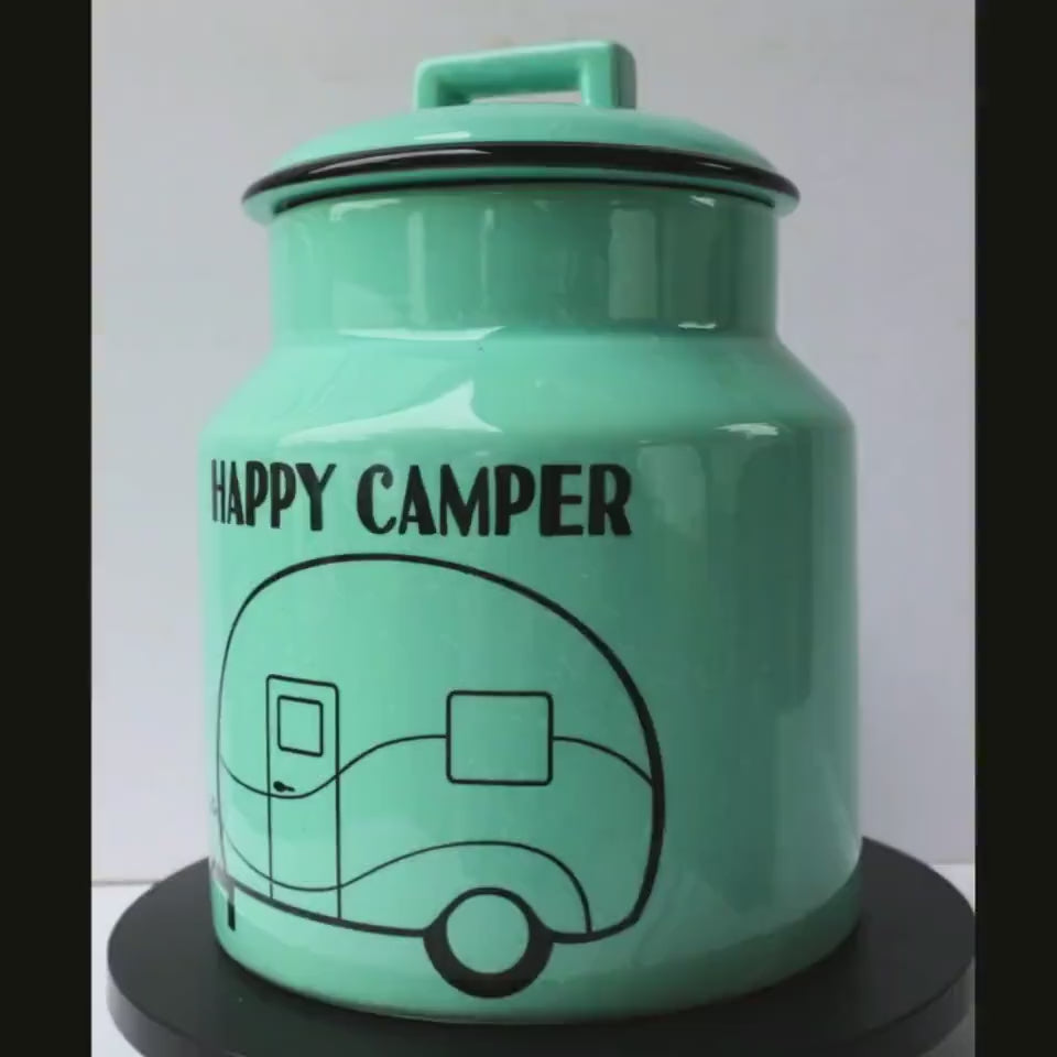 Happy Camper Ceramic Cookie Jar, Rustic Kitchen Storage, Campfire Treat Canister