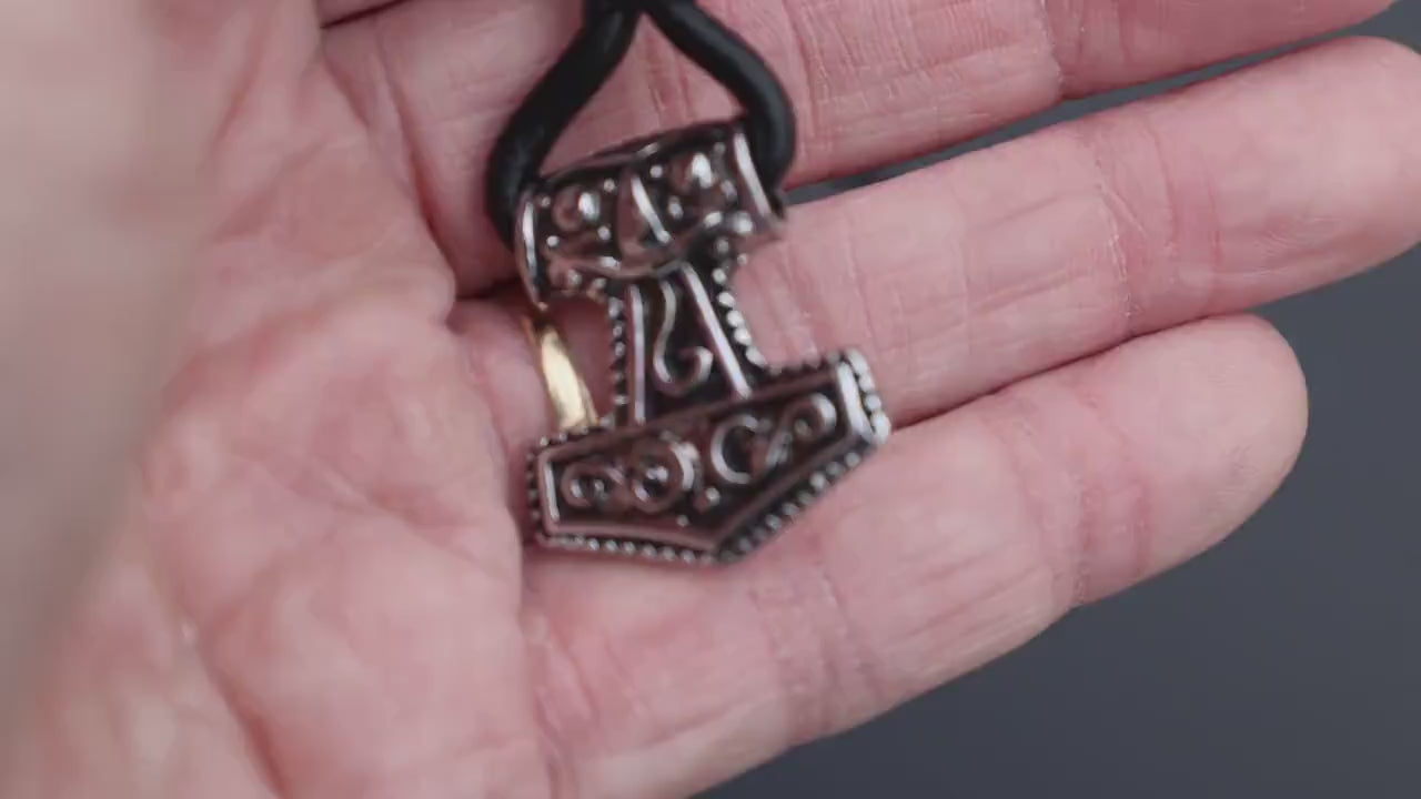 Black Leather Viking Hammer Mjolnir Bracelet, Norse Mythology Wrap Jewelry