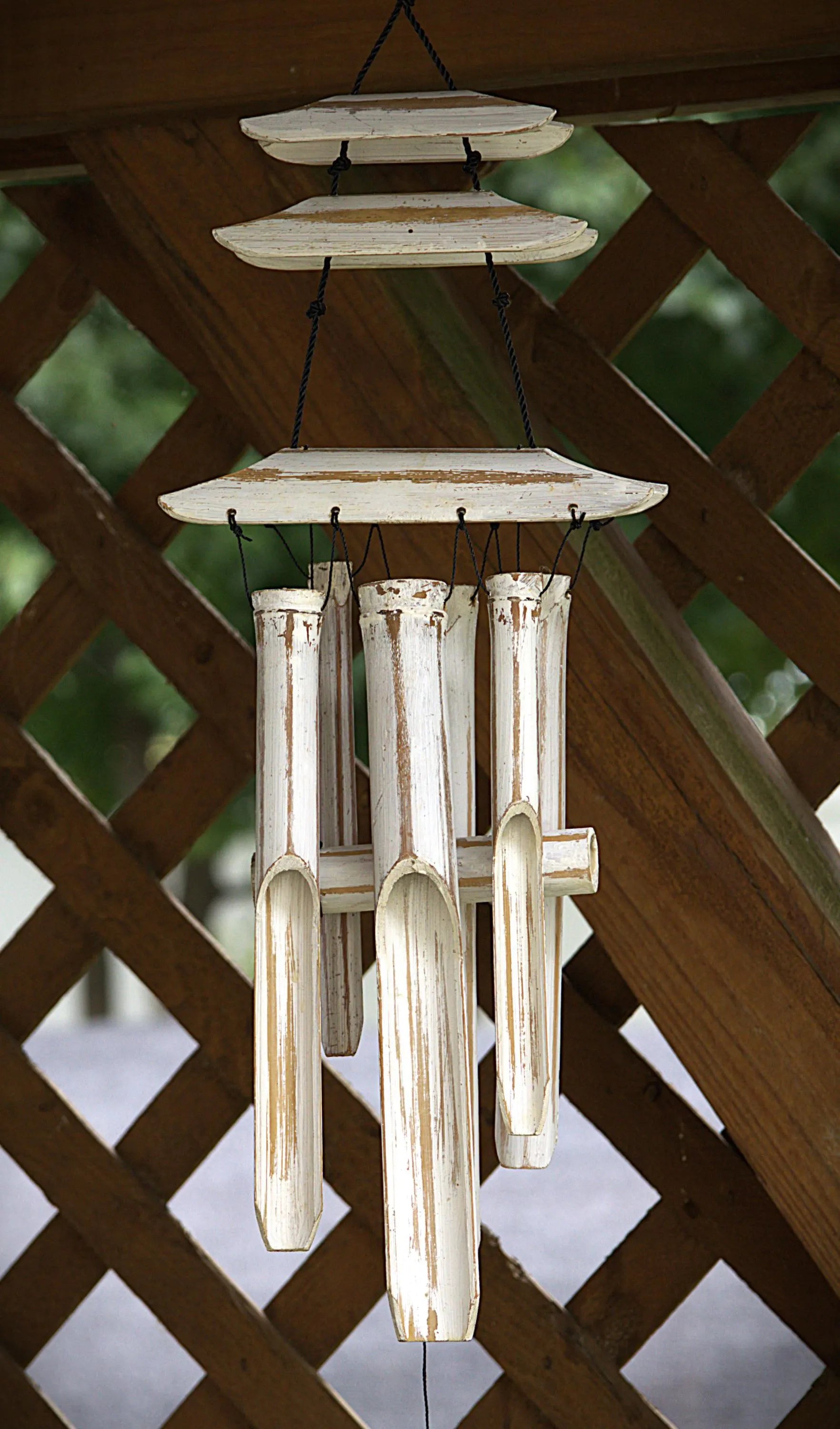 Whitewashed Bamboo Pagoda Wind Chime: Rustic Zen Garden Decor