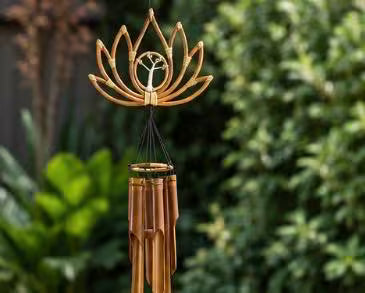 Handcrafted Bamboo Lotus Wind Chime with Tree of Life Accent, Spiritual Garden Decor