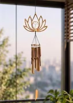 Handcrafted Bamboo Lotus Wind Chime with Tree of Life Accent, Spiritual Garden Decor