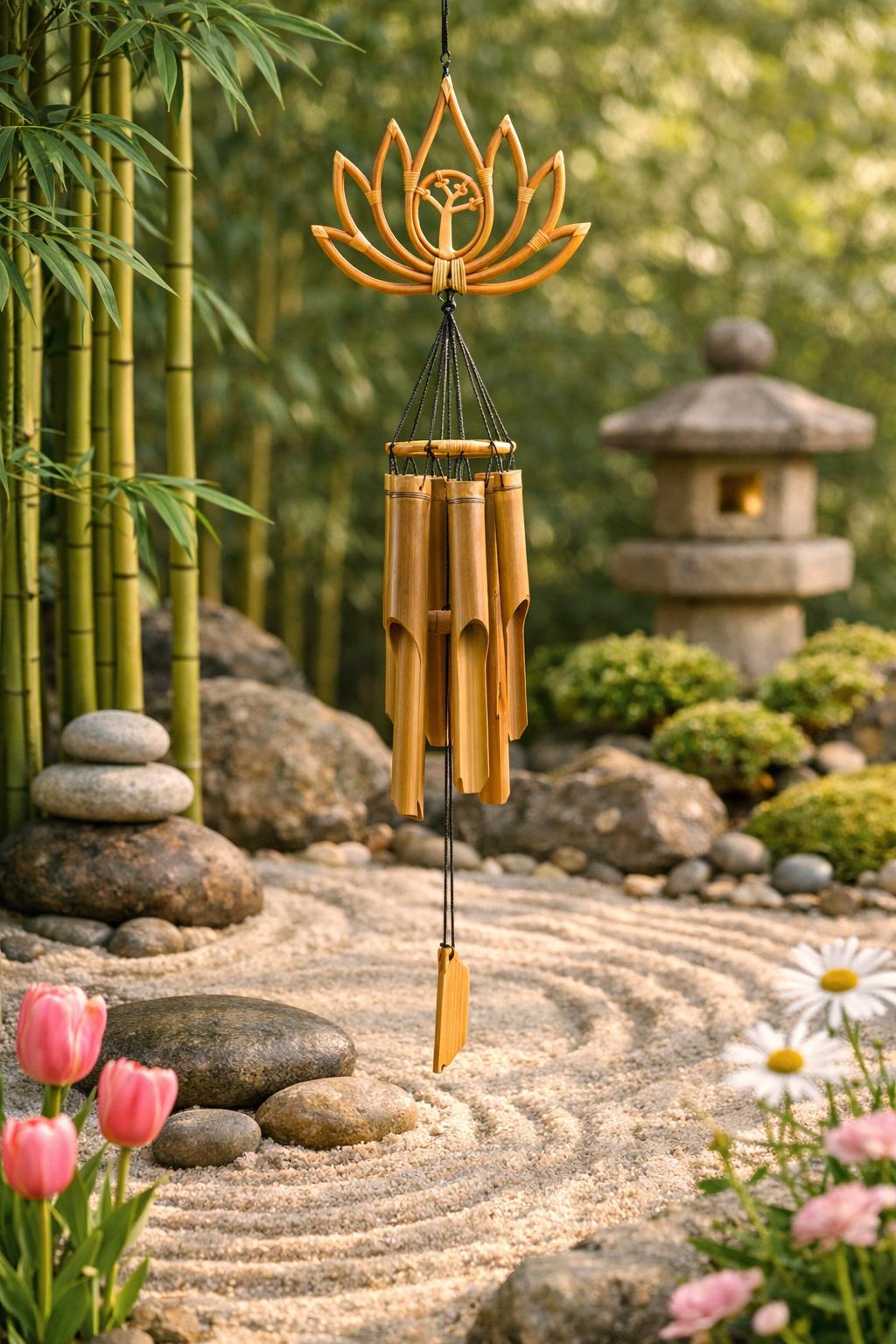 Handcrafted Bamboo Lotus Wind Chime with Tree of Life Accent, Spiritual Garden Decor