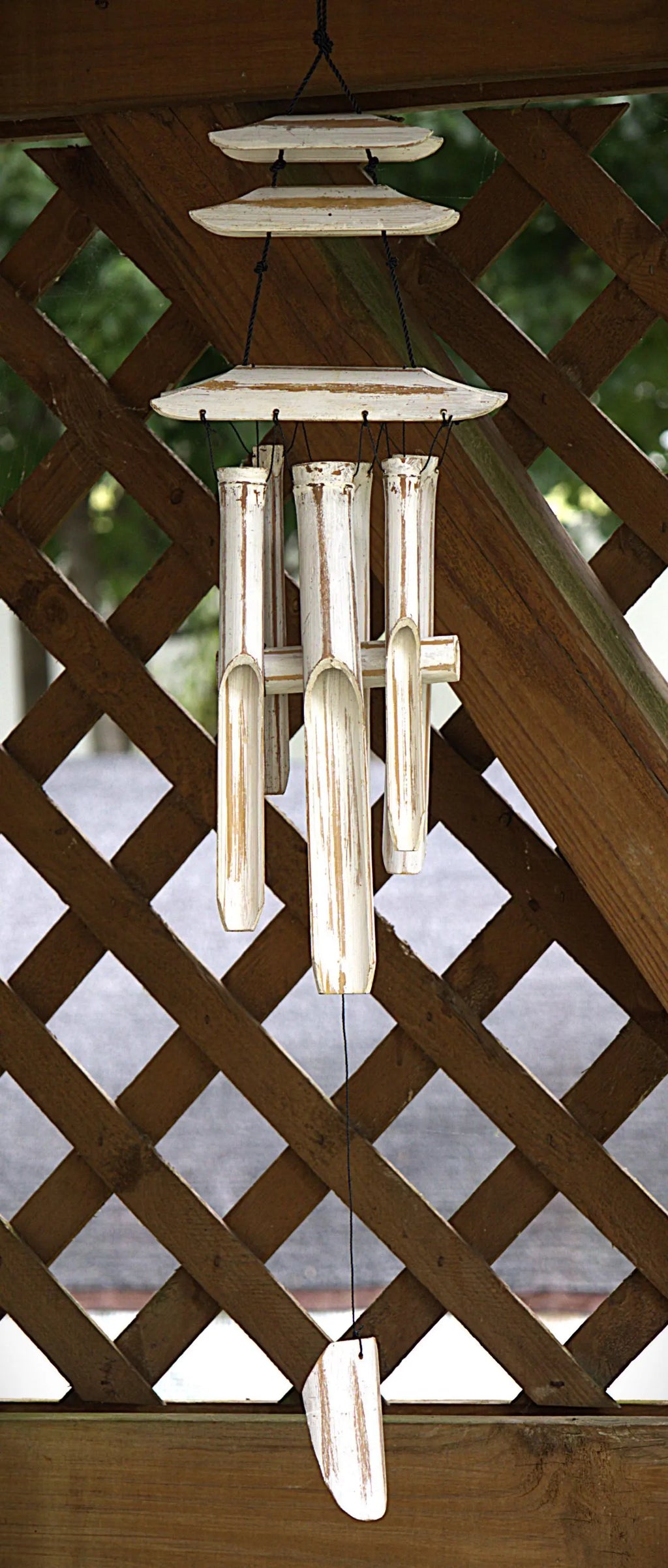 Whitewashed Bamboo Pagoda Wind Chime: Rustic Zen Garden Decor