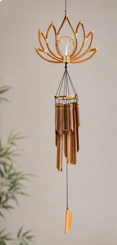 Handcrafted Bamboo Lotus Wind Chime with Tree of Life Accent, Spiritual Garden Decor