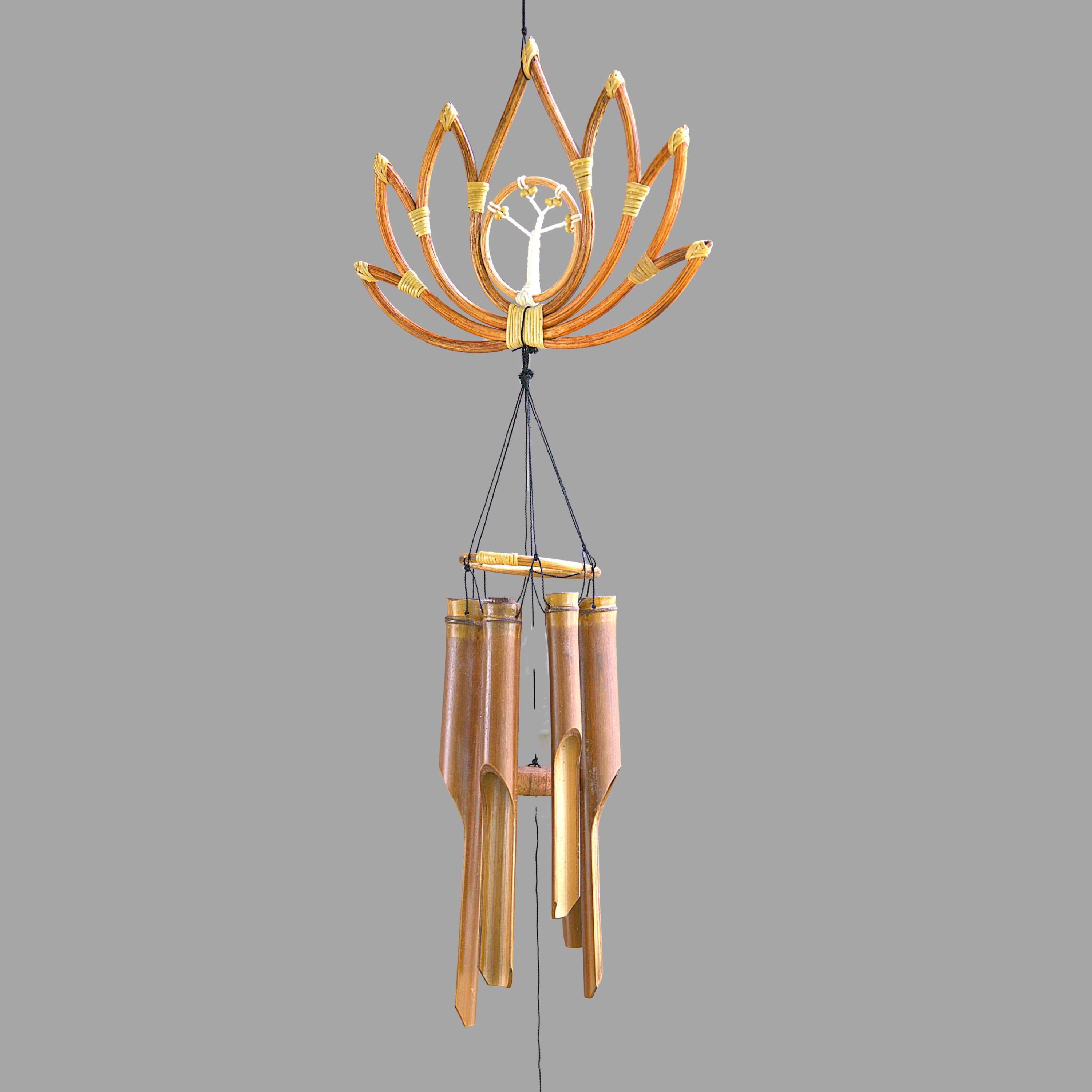 Handcrafted Bamboo Lotus Wind Chime with Tree of Life Accent, Spiritual Garden Decor