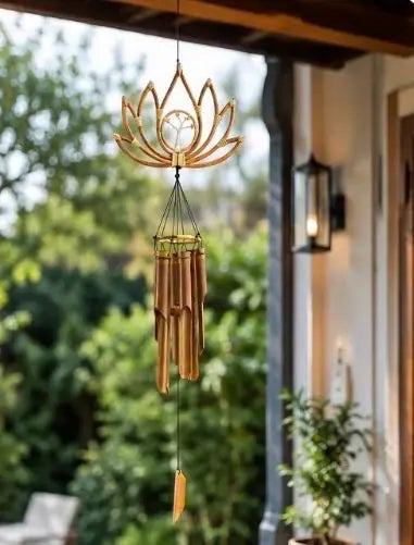 Handcrafted Bamboo Lotus Wind Chime with Tree of Life Accent, Spiritual Garden Decor