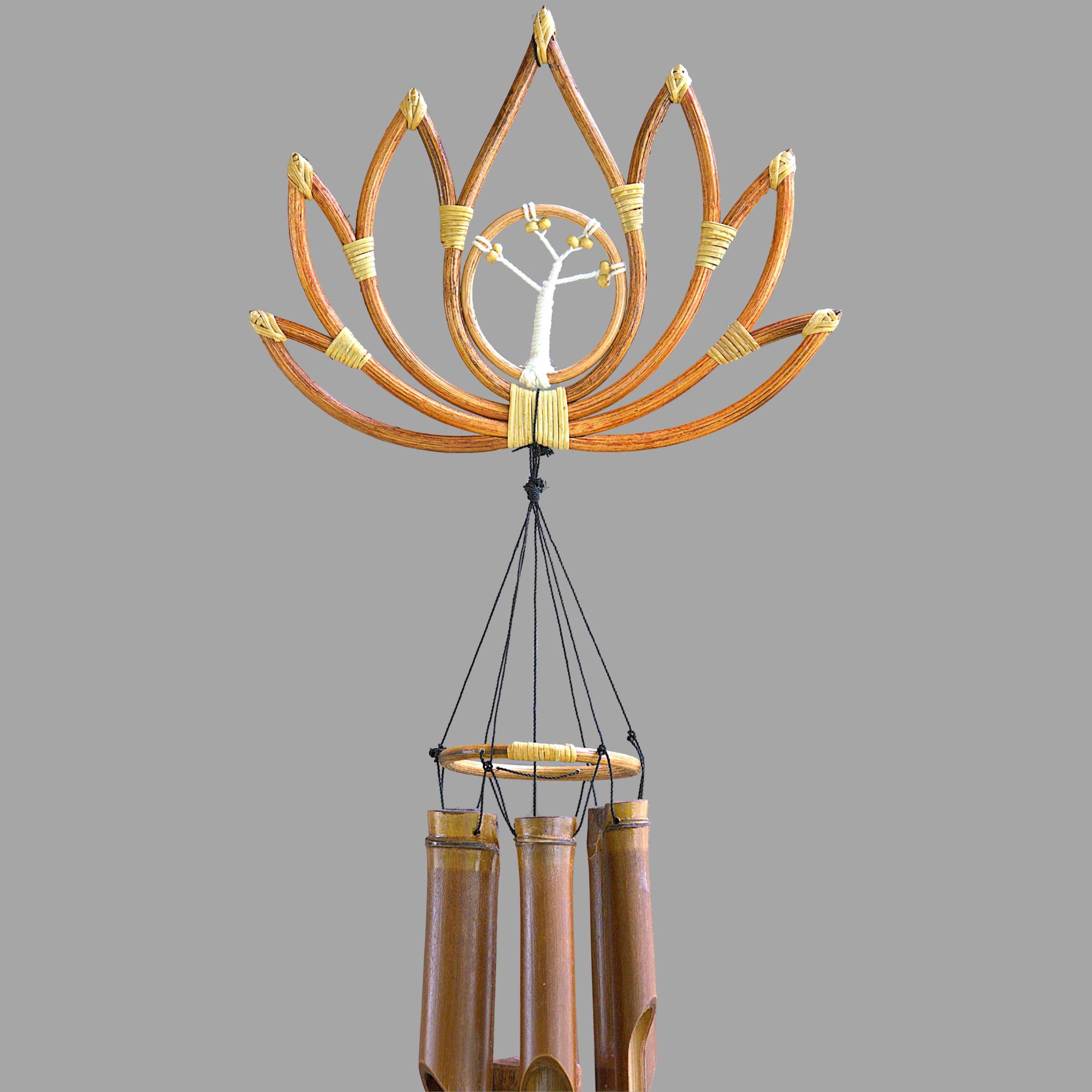 Handcrafted Bamboo Lotus Wind Chime with Tree of Life Accent, Spiritual Garden Decor